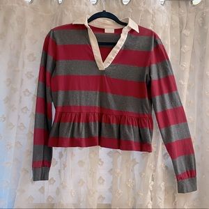 ABOUND Red & Gray Striped Ruffle Long sleeve Crop Top white Collar Harry Potter